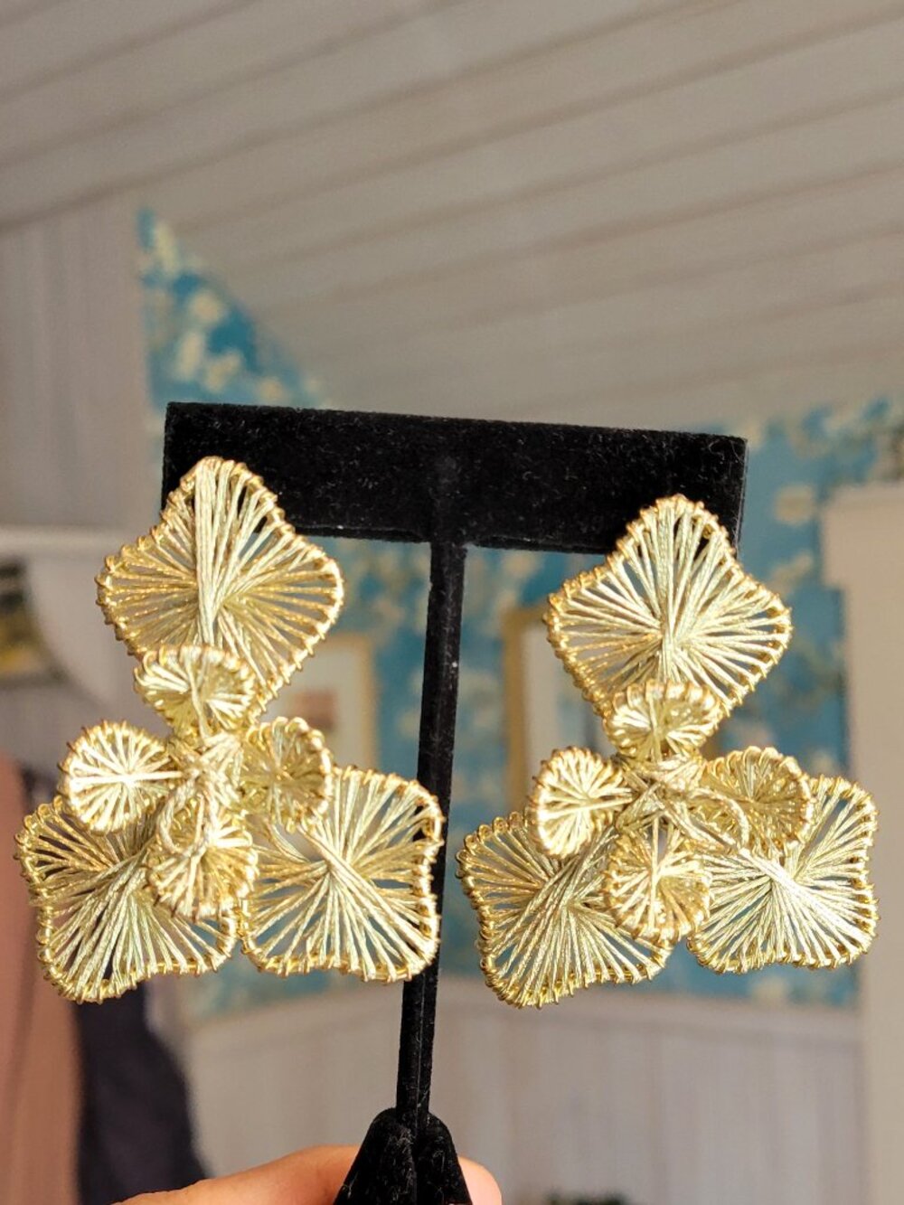 Gold Thread Flower Statement Earrings